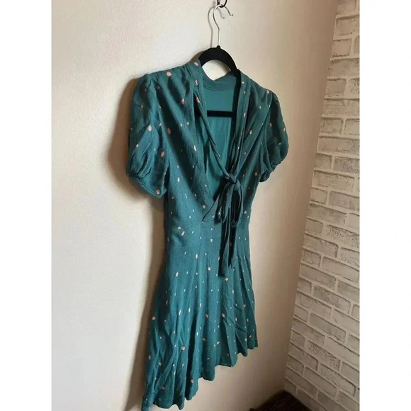 Free People Green Polka Dot Abbie Tie Neck Reversible Dress, Size 4 - Picture 5 of 9